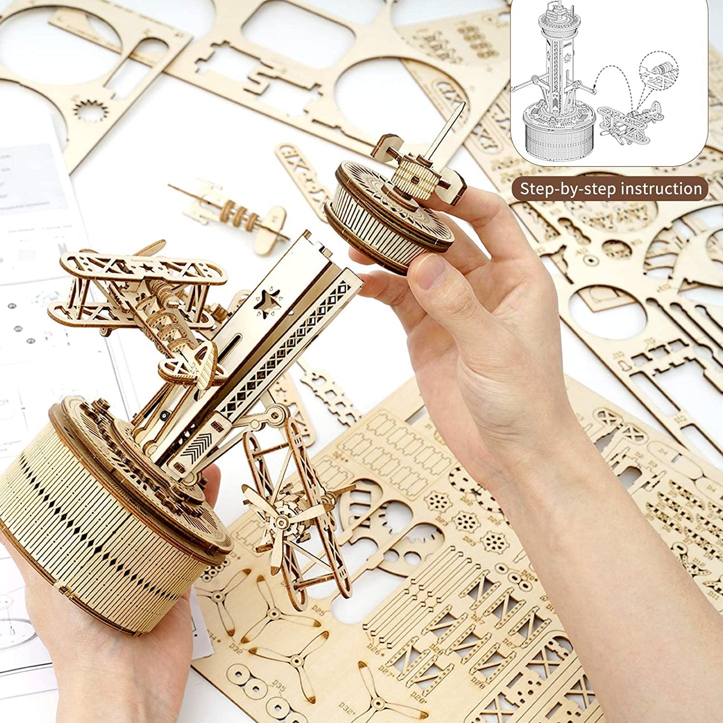 Airplane Control Tower Mechanical Music Box 3D Wooden Puzzle - DIYative™