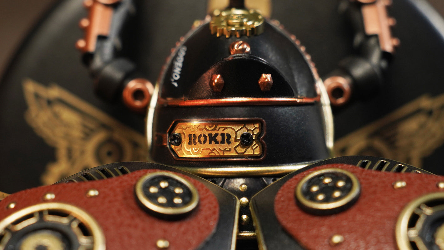 Close-up of a mechanical or steampunk-style object with 'ROKR' branding.