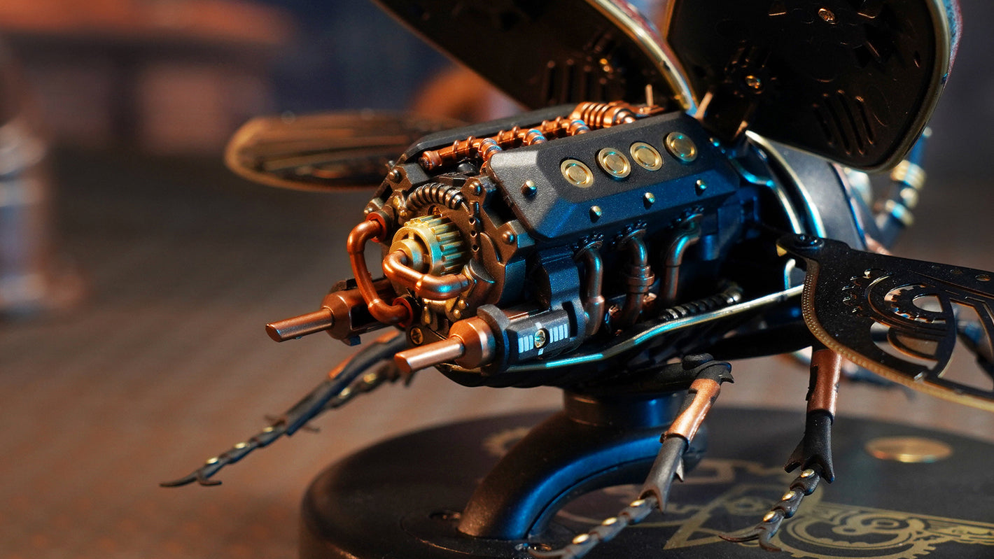 Close-up of a detailed mechanical beetle model with intricate design