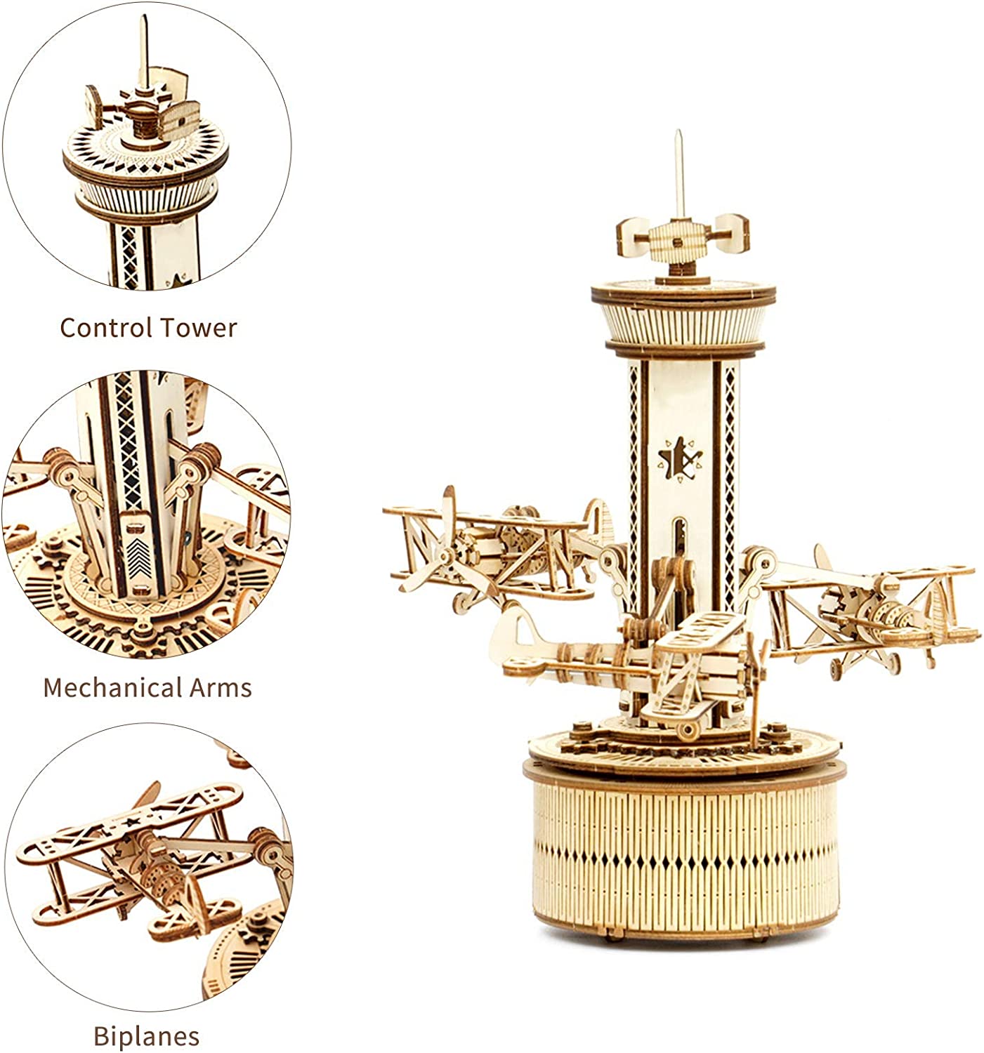 Airplane Control Tower Mechanical Music Box 3D Wooden Puzzle - DIYative™
