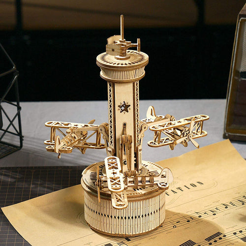 Airplane Control Tower Mechanical Music Box 3D Wooden Puzzle - DIYative™